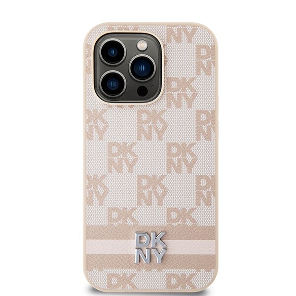 DKNY skinnveske med rutete ensfarget mønster og trykte striper til iPhone 14 Pro - rosa