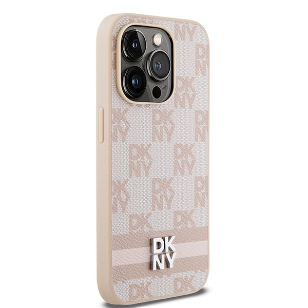DKNY skinnveske med rutete ensfarget mønster og trykte striper til iPhone 14 Pro - rosa