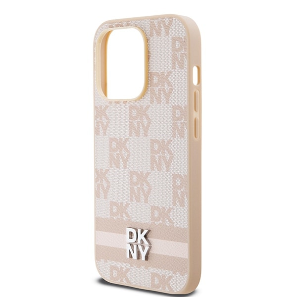 DKNY skinnveske med rutete ensfarget mønster og trykte striper til iPhone 14 Pro - rosa