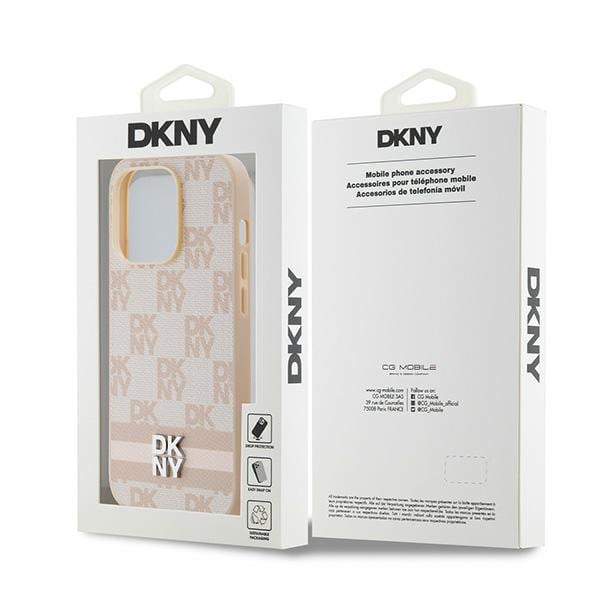 DKNY skinnveske med rutete ensfarget mønster og trykte striper til iPhone 14 Pro - rosa
