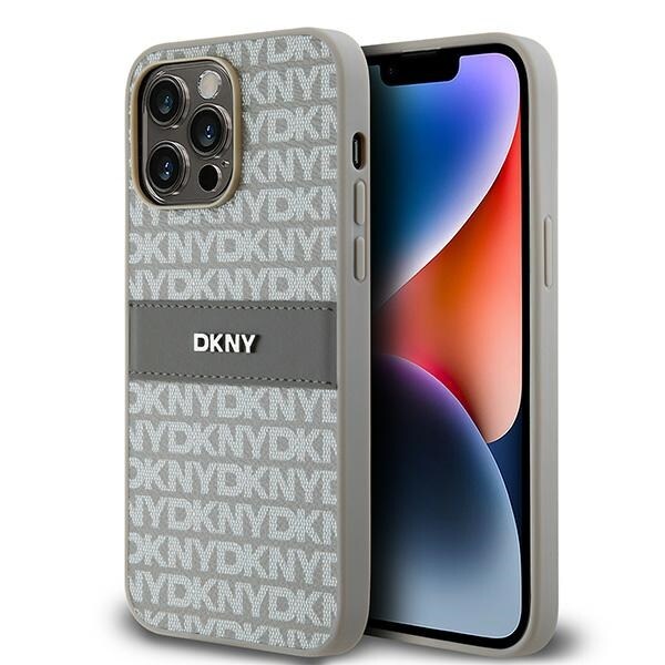 DKNY lærveske med monostripe og metalllogo til iPhone 14 Pro - beige