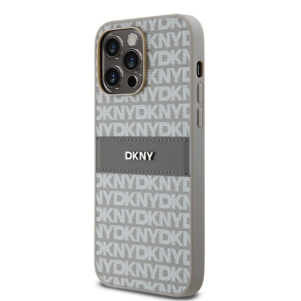 DKNY lærveske med monostripe og metalllogo til iPhone 14 Pro - beige