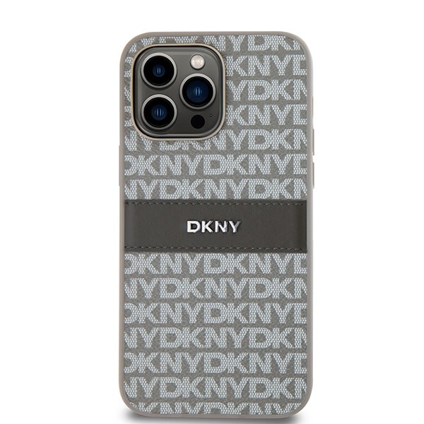 DKNY lærveske med monostripe og metalllogo til iPhone 14 Pro - beige