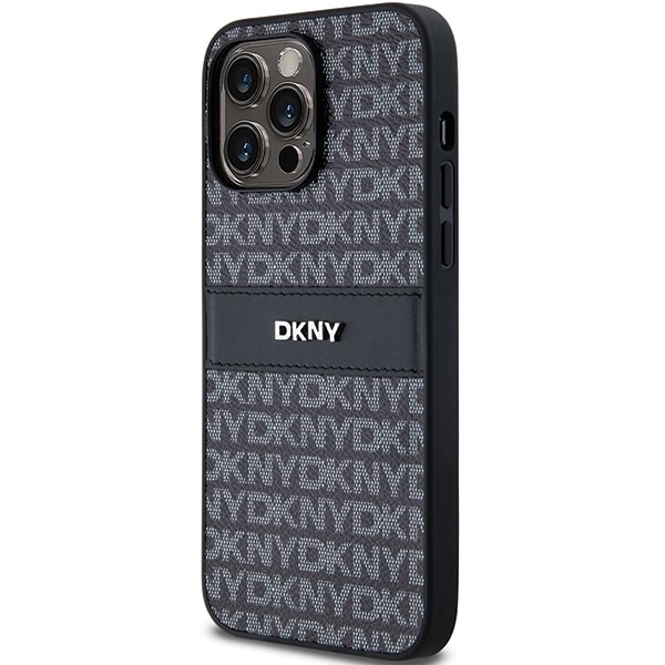 DKNY lærveske med monostripe og metalllogo til iPhone 14 Pro - svart