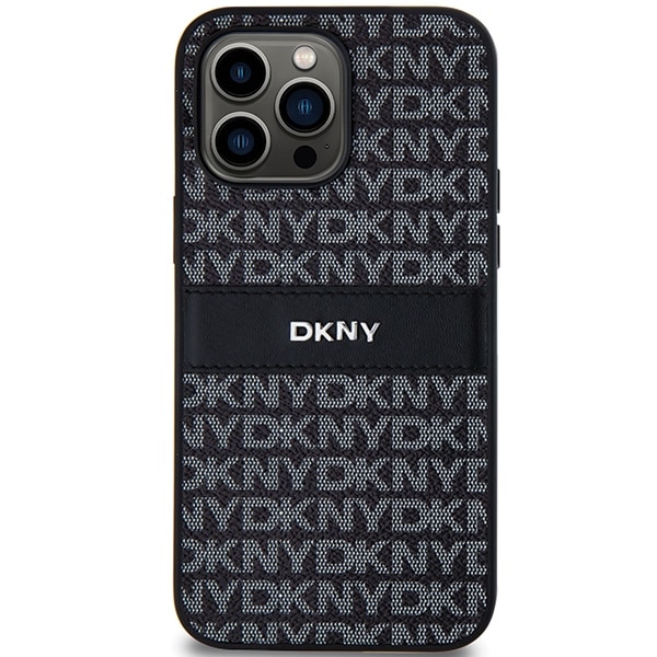 DKNY lærveske med monostripe og metalllogo til iPhone 14 Pro - svart