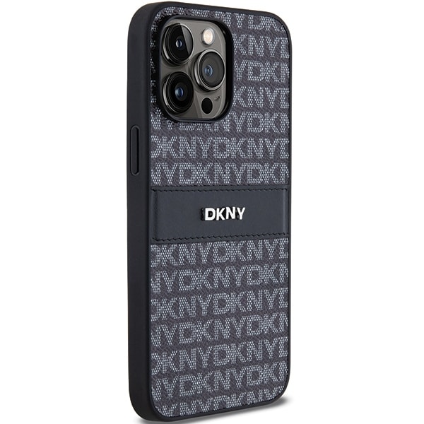 DKNY lærveske med monostripe og metalllogo til iPhone 14 Pro - svart