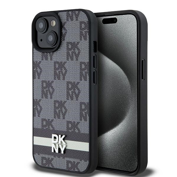 DKNY skinnveske med rutete ensfarget mønster og trykte striper til iPhone 15/14/13 - Svart