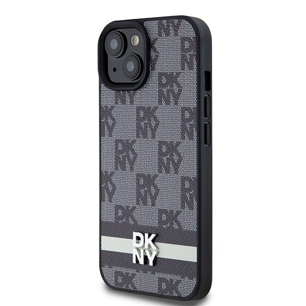 DKNY skinnveske med rutete ensfarget mønster og trykte striper til iPhone 15/14/13 - Svart