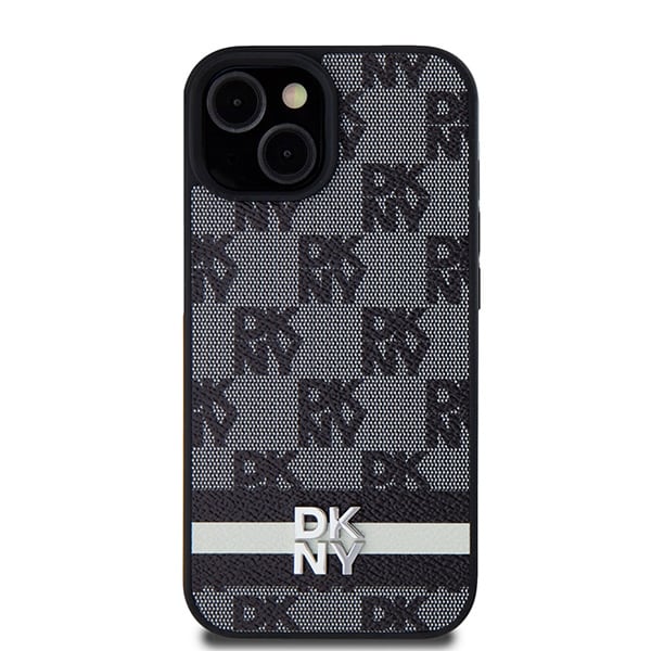 DKNY skinnveske med rutete ensfarget mønster og trykte striper til iPhone 15/14/13 - Svart