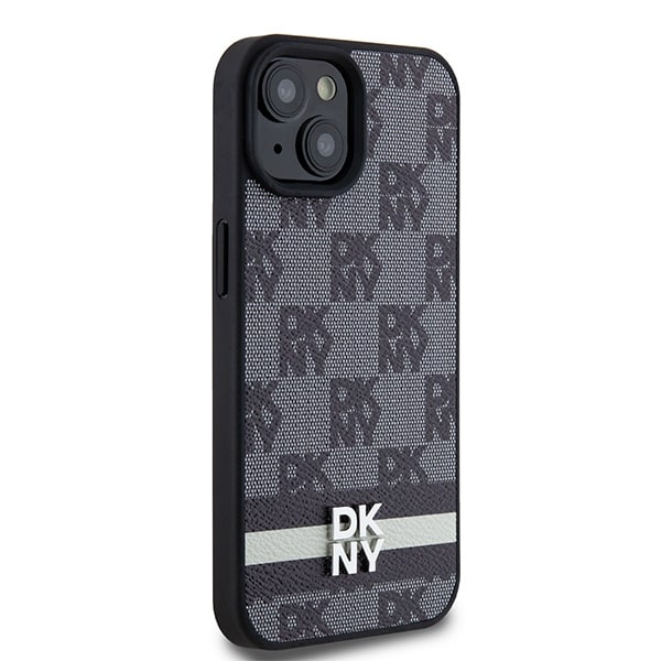 DKNY skinnveske med rutete ensfarget mønster og trykte striper til iPhone 15/14/13 - Svart