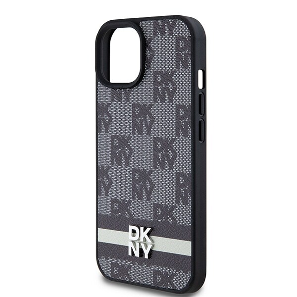 DKNY skinnveske med rutete ensfarget mønster og trykte striper til iPhone 15/14/13 - Svart