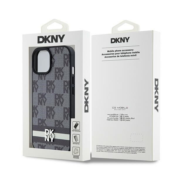 DKNY skinnveske med rutete ensfarget mønster og trykte striper til iPhone 15/14/13 - Svart