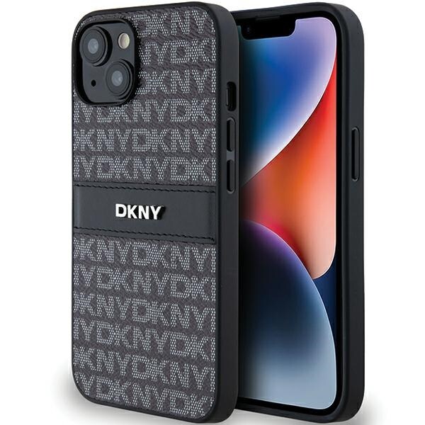 DKNY-etui i lær med ensfarget stripe og metallogo til iPhone 15/14/13 - Svart