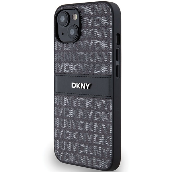 DKNY-etui i lær med ensfarget stripe og metallogo til iPhone 15/14/13 - Svart