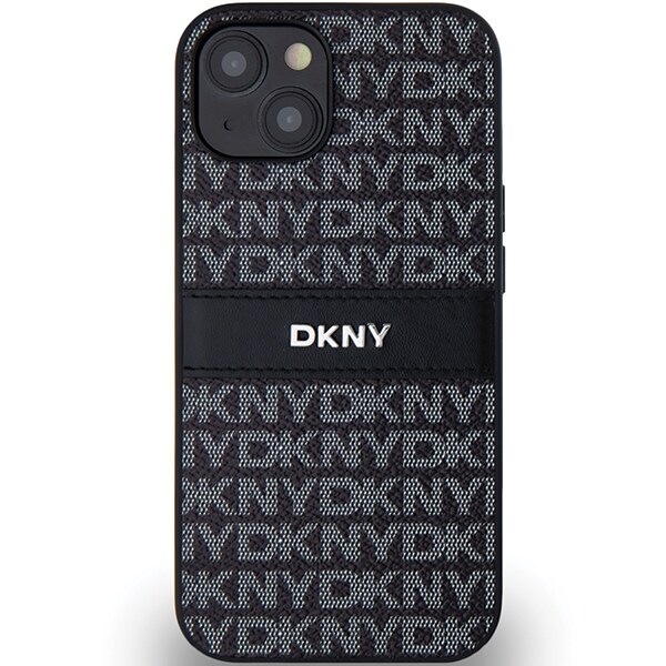 DKNY-etui i lær med ensfarget stripe og metallogo til iPhone 15/14/13 - Svart