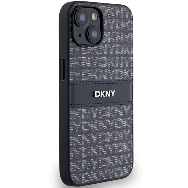 DKNY-etui i lær med ensfarget stripe og metallogo til iPhone 15/14/13 - Svart