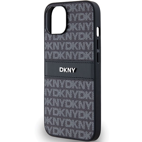 DKNY-etui i lær med ensfarget stripe og metallogo til iPhone 15/14/13 - Svart