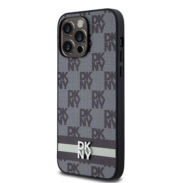 DKNY skinnveske med rutete ensfarget mønster og trykte striper til iPhone 14 Pro Max - Svart