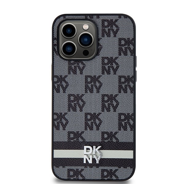 DKNY skinnveske med rutete ensfarget mønster og trykte striper til iPhone 14 Pro Max - Svart