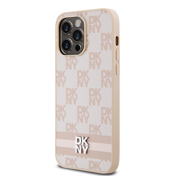 DKNY skinnveske med rutete ensfarget mønster og trykte striper til iPhone 14 Pro Max - rosa