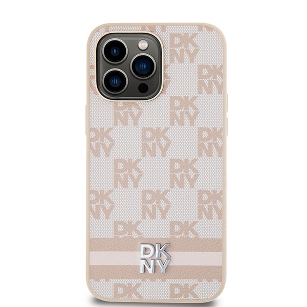 DKNY skinnveske med rutete ensfarget mønster og trykte striper til iPhone 14 Pro Max - rosa
