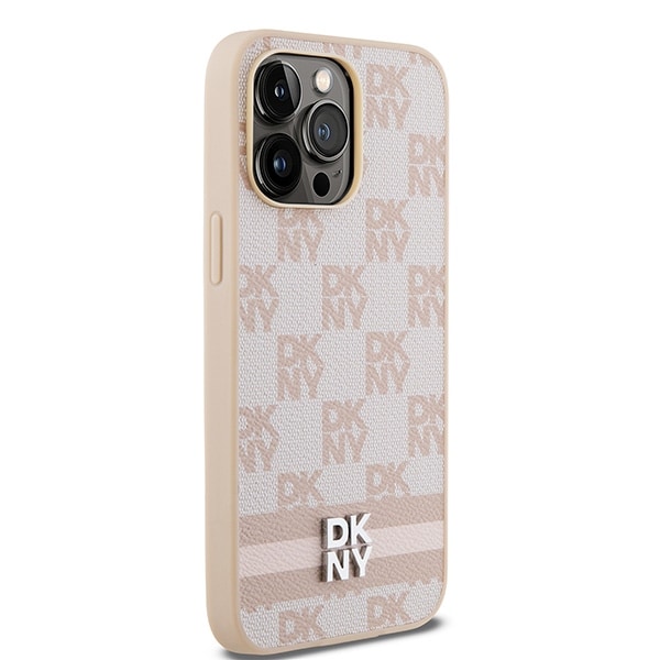 DKNY skinnveske med rutete ensfarget mønster og trykte striper til iPhone 14 Pro Max - rosa