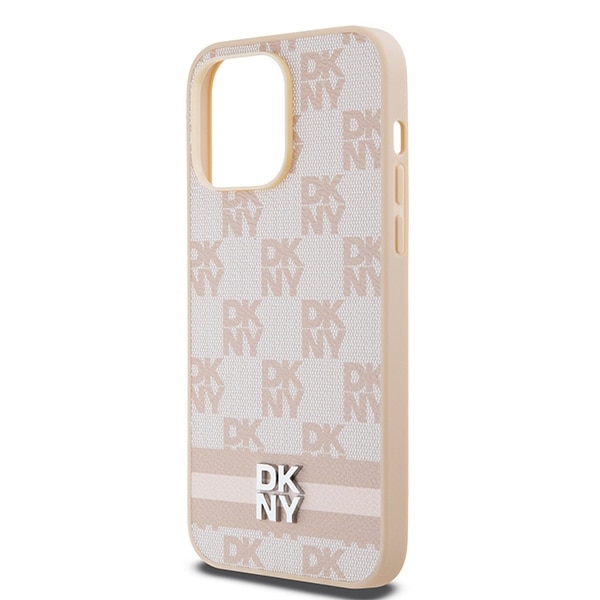 DKNY skinnveske med rutete ensfarget mønster og trykte striper til iPhone 14 Pro Max - rosa