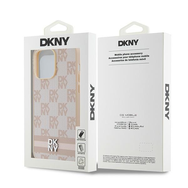 DKNY skinnveske med rutete ensfarget mønster og trykte striper til iPhone 14 Pro Max - rosa