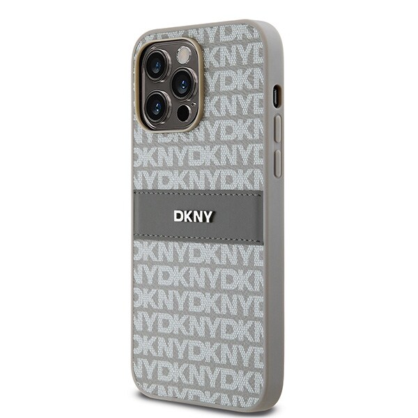 DKNY lærveske med monostripe og metalllogo til iPhone 14 Pro Max - beige