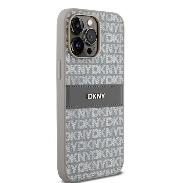 DKNY lærveske med monostripe og metalllogo til iPhone 14 Pro Max - beige
