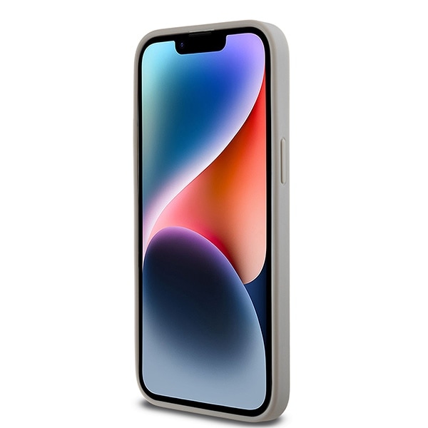 DKNY lærveske med monostripe og metalllogo til iPhone 14 Pro Max - beige