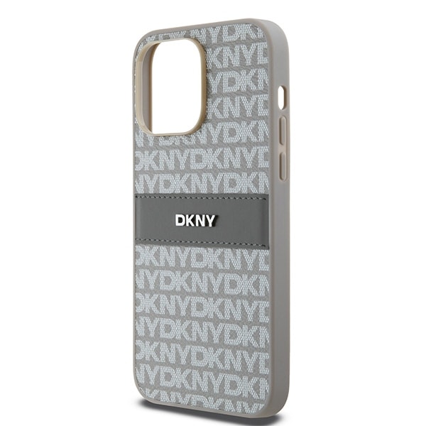 DKNY lærveske med monostripe og metalllogo til iPhone 14 Pro Max - beige