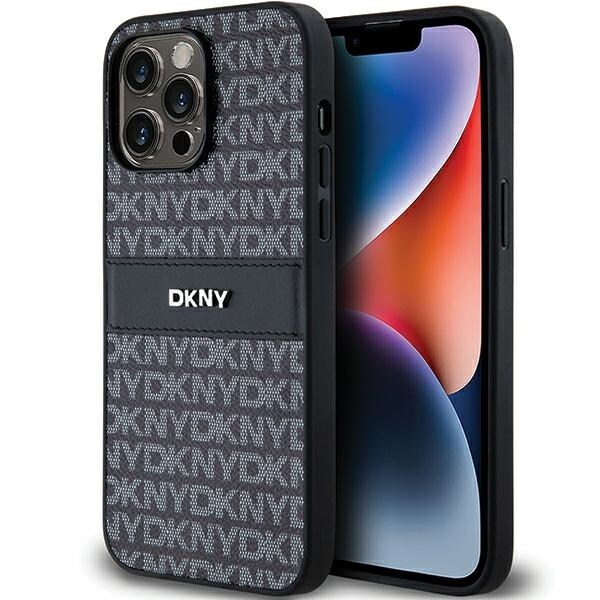DKNY lærveske med monostripe og metalllogo til iPhone 14 Pro Max - svart