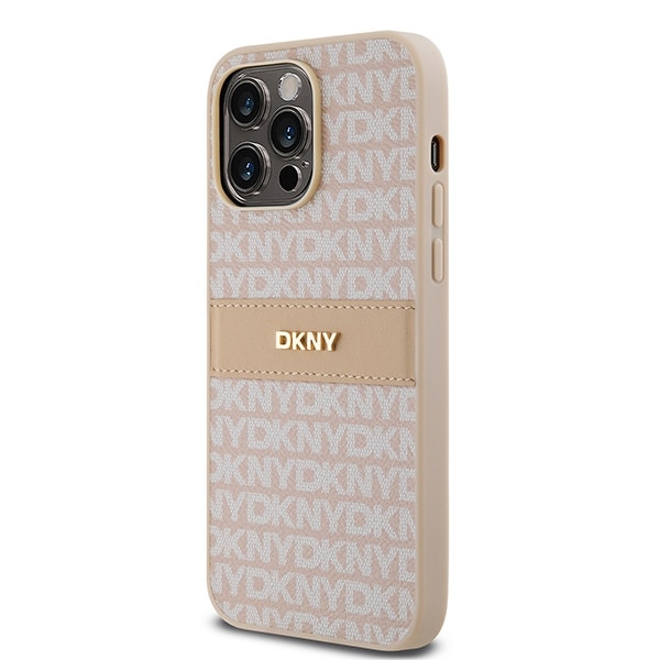 DKNY lærveske med monostripe og metalllogo til iPhone 14 Pro Max - rosa