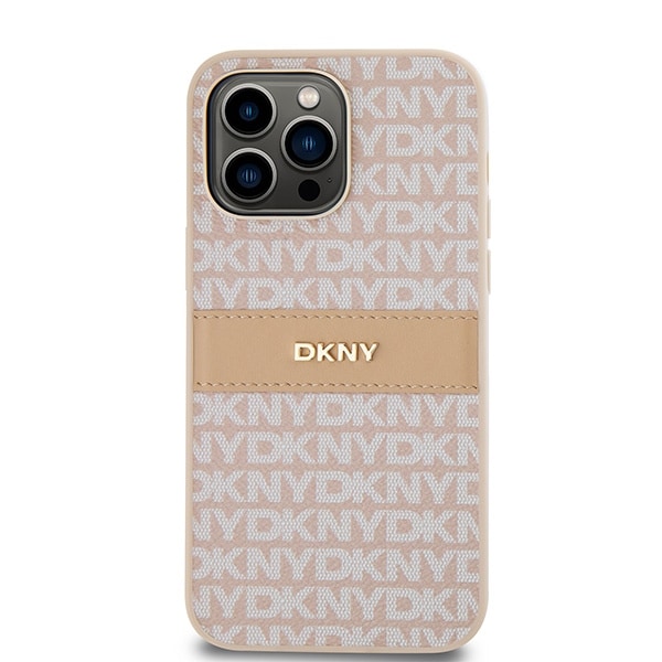 DKNY lærveske med monostripe og metalllogo til iPhone 14 Pro Max - rosa