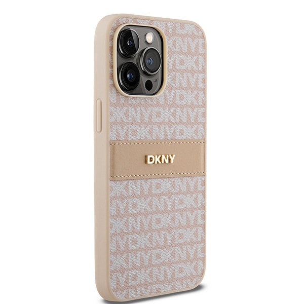 DKNY lærveske med monostripe og metalllogo til iPhone 14 Pro Max - rosa