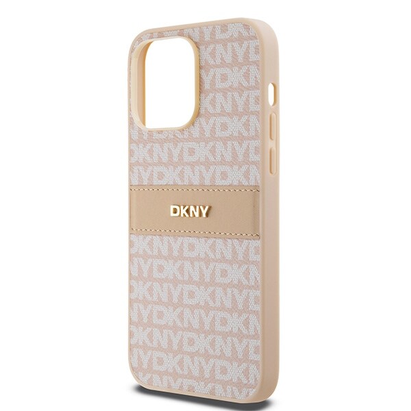DKNY lærveske med monostripe og metalllogo til iPhone 14 Pro Max - rosa