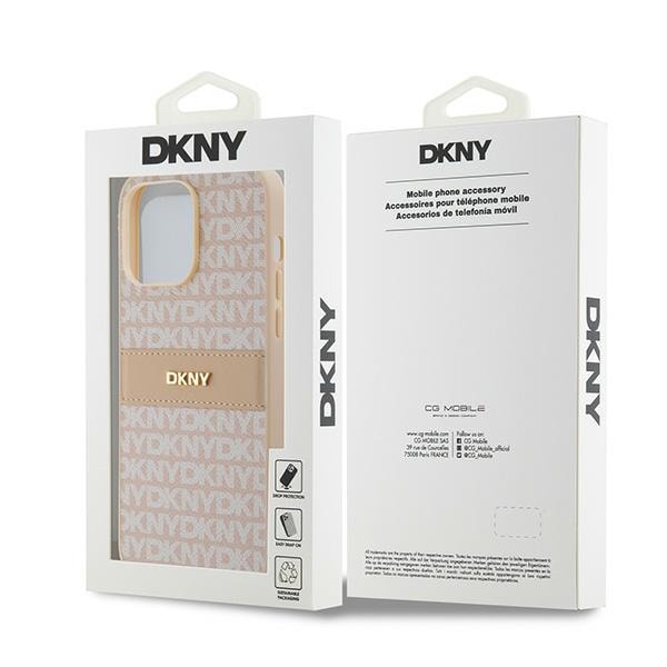 DKNY lærveske med monostripe og metalllogo til iPhone 14 Pro Max - rosa