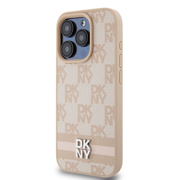 DKNY skinnveske med rutete ensfarget mønster og trykte striper til iPhone 15 Pro Max - rosa