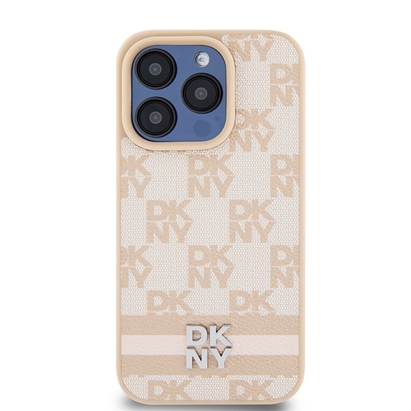 DKNY skinnveske med rutete ensfarget mønster og trykte striper til iPhone 15 Pro Max - rosa