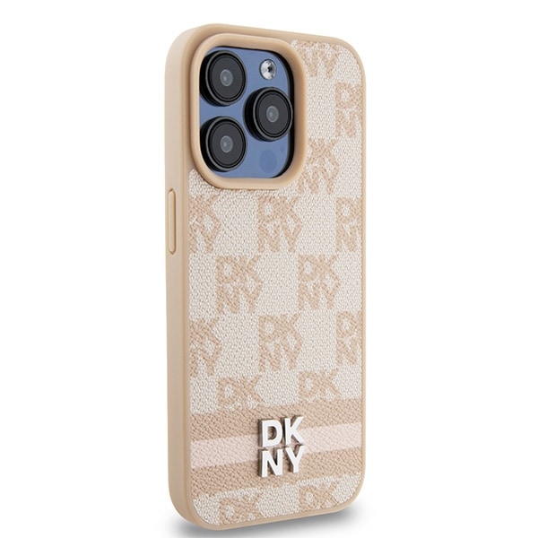 DKNY skinnveske med rutete ensfarget mønster og trykte striper til iPhone 15 Pro Max - rosa