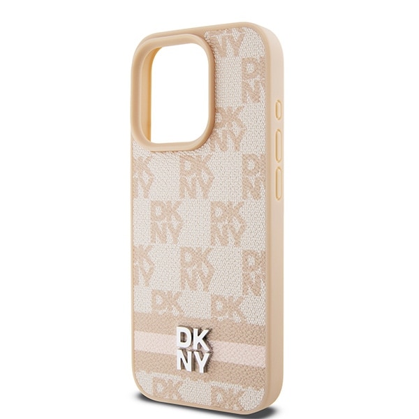 DKNY skinnveske med rutete ensfarget mønster og trykte striper til iPhone 15 Pro Max - rosa