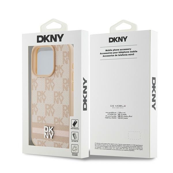 DKNY skinnveske med rutete ensfarget mønster og trykte striper til iPhone 15 Pro Max - rosa