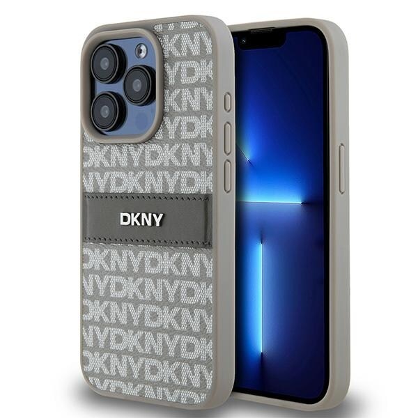 DKNY lærveske med ensfarget stripe og metalllogo til iPhone 15 Pro Max - beige