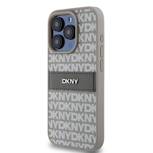 DKNY lærveske med ensfarget stripe og metalllogo til iPhone 15 Pro Max - beige