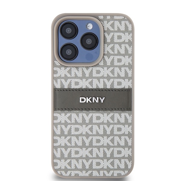 DKNY lærveske med ensfarget stripe og metalllogo til iPhone 15 Pro Max - beige