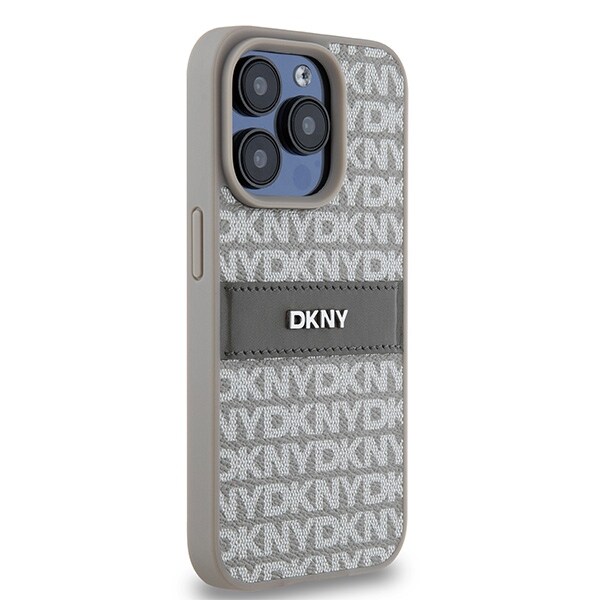 DKNY lærveske med ensfarget stripe og metalllogo til iPhone 15 Pro Max - beige