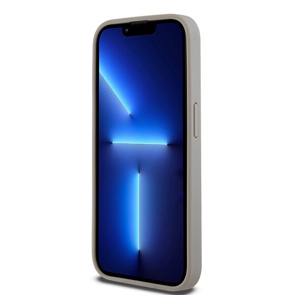 DKNY lærveske med ensfarget stripe og metalllogo til iPhone 15 Pro Max - beige