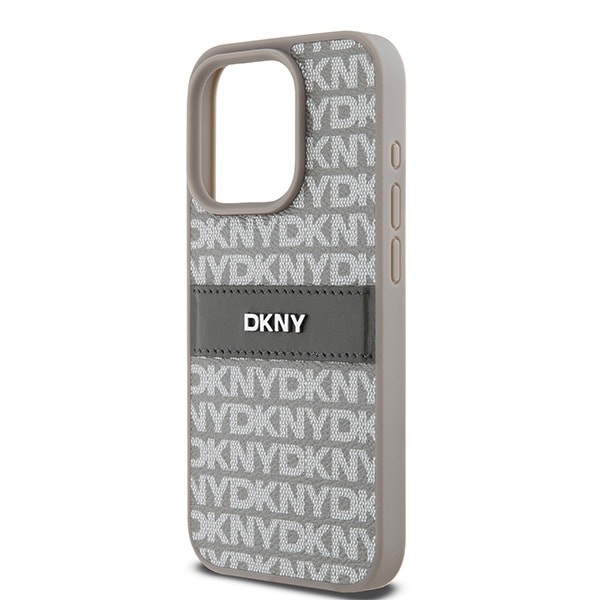 DKNY lærveske med ensfarget stripe og metalllogo til iPhone 15 Pro Max - beige