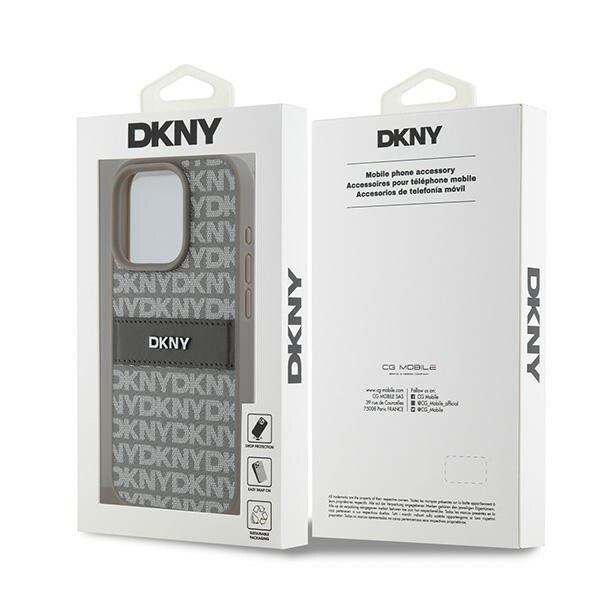 DKNY lærveske med ensfarget stripe og metalllogo til iPhone 15 Pro Max - beige